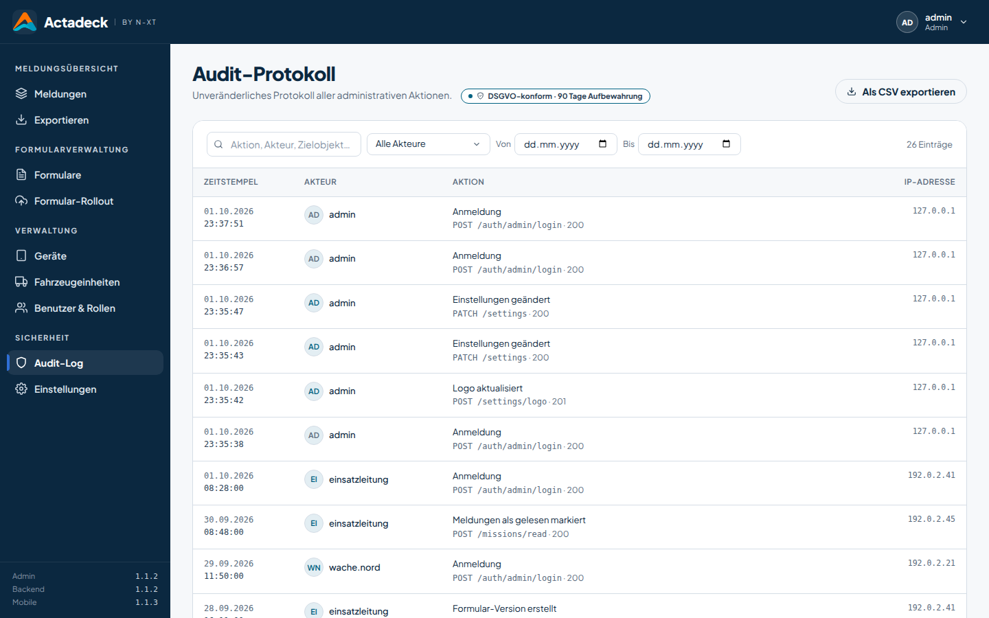 Actadeck Admin-Oberfläche: Audit-Protokoll