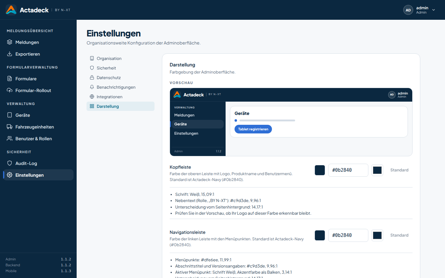 Actadeck Admin-Oberfläche: Einstellungen