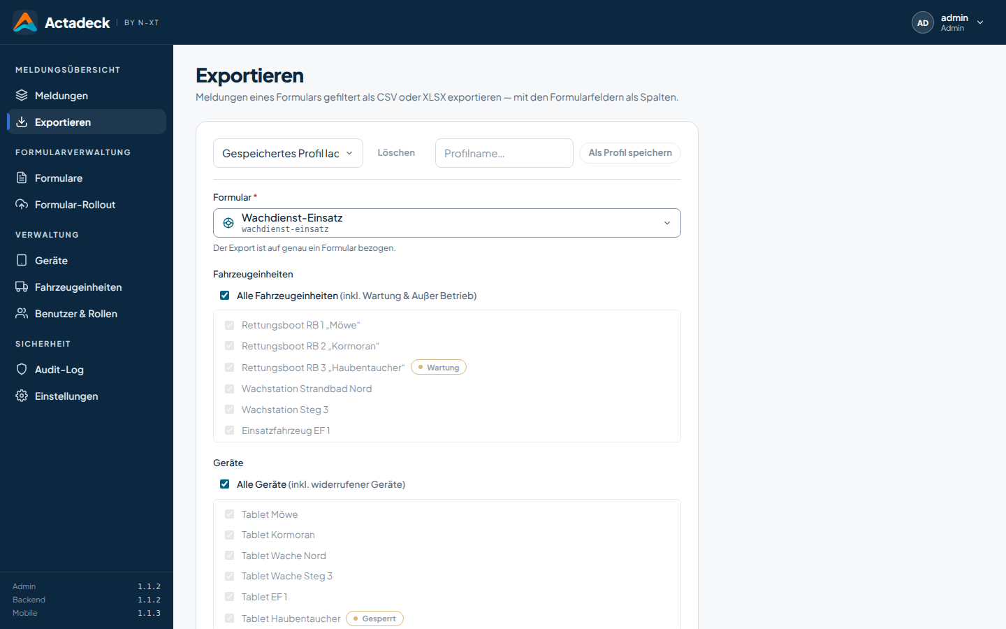 Actadeck Admin-Oberfläche: Exportieren