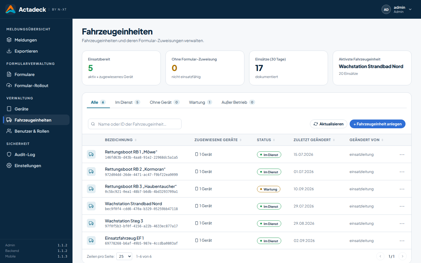 Actadeck Admin-Oberfläche: Fahrzeugeinheiten