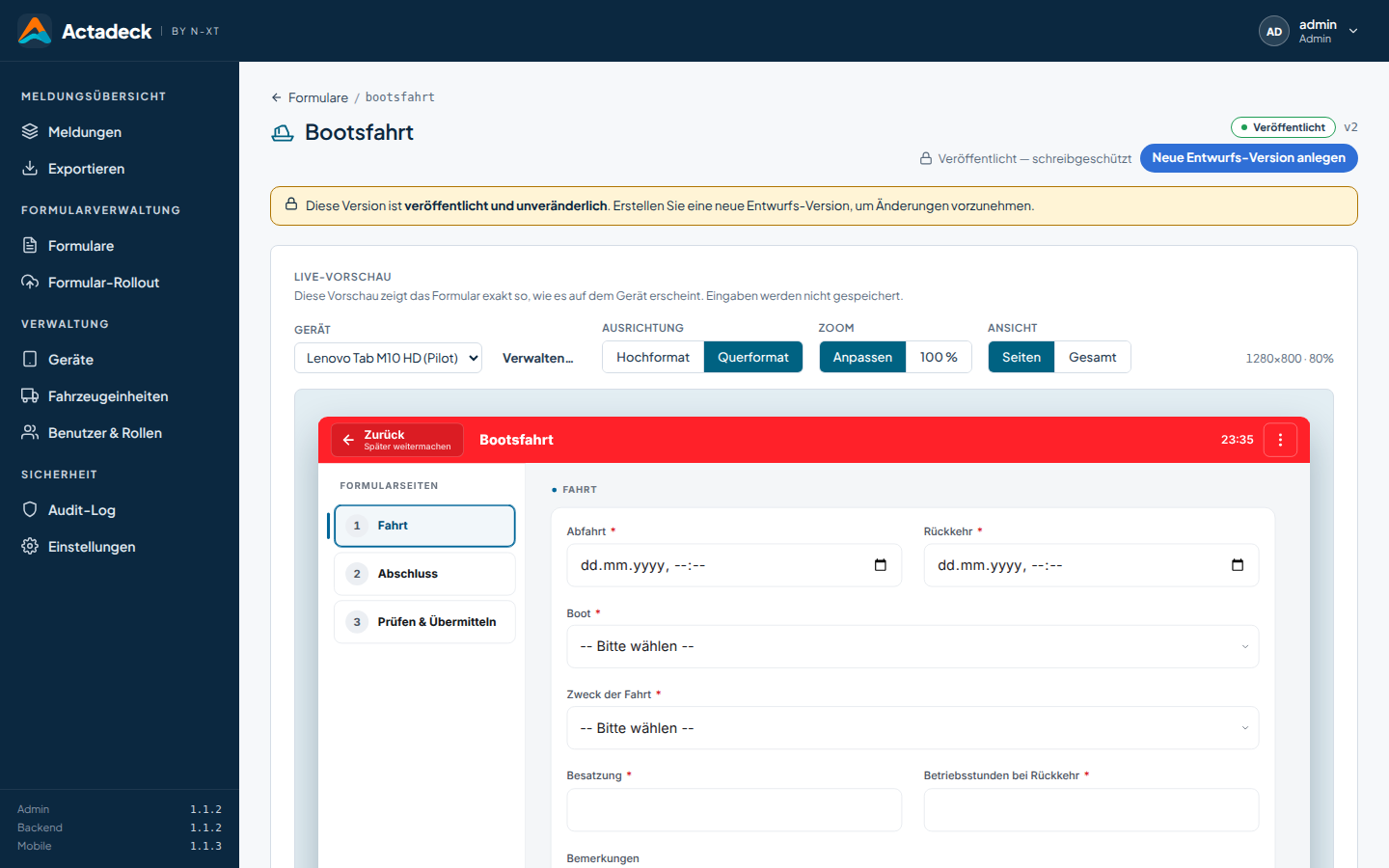Actadeck Admin-Oberfläche: Live-Vorschau