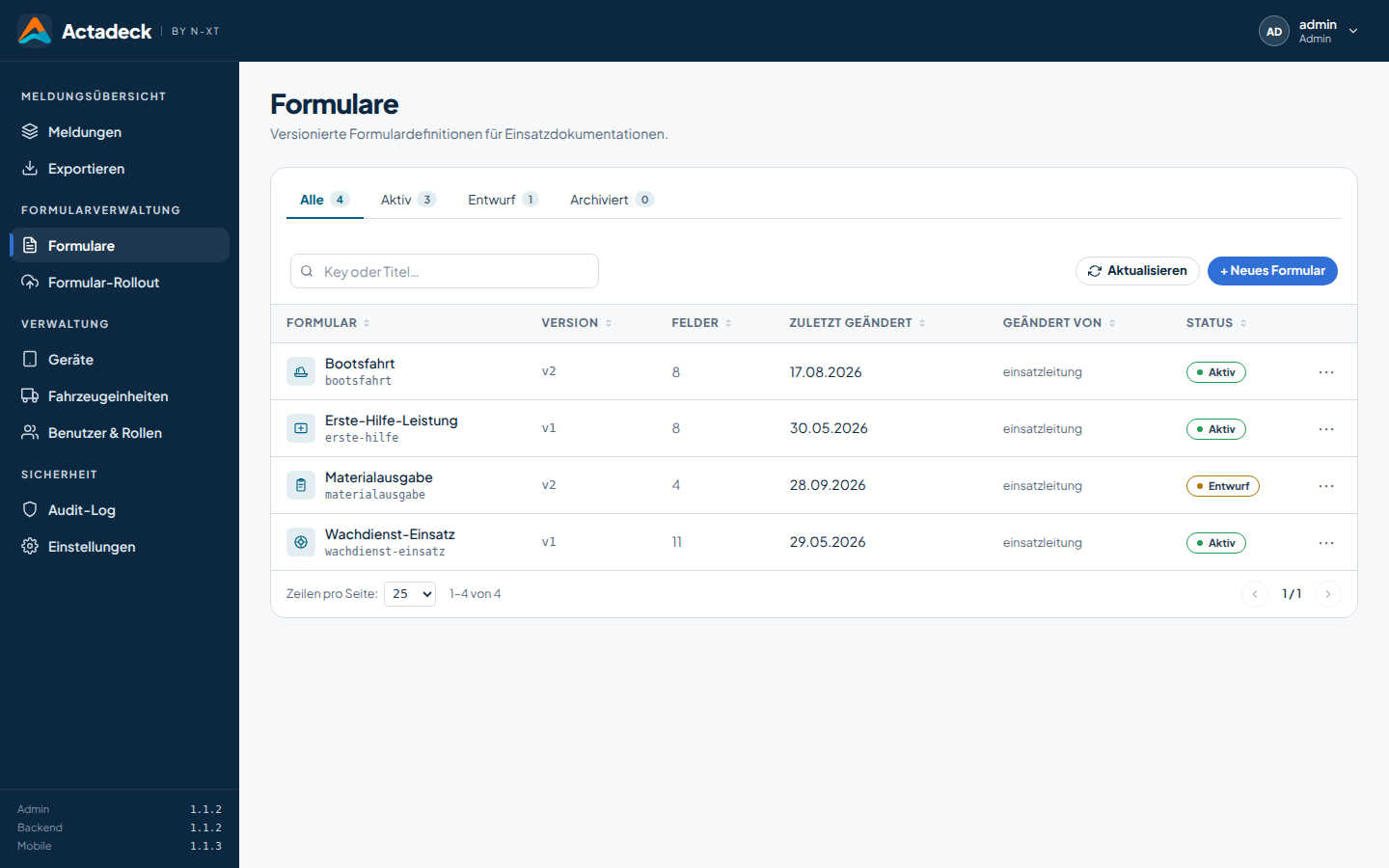 Actadeck Admin-Oberfläche: Formulare