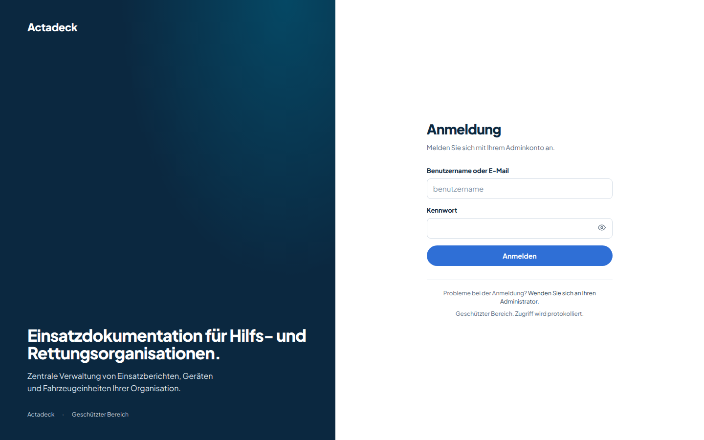 Actadeck Admin-Oberfläche: Anmeldung
