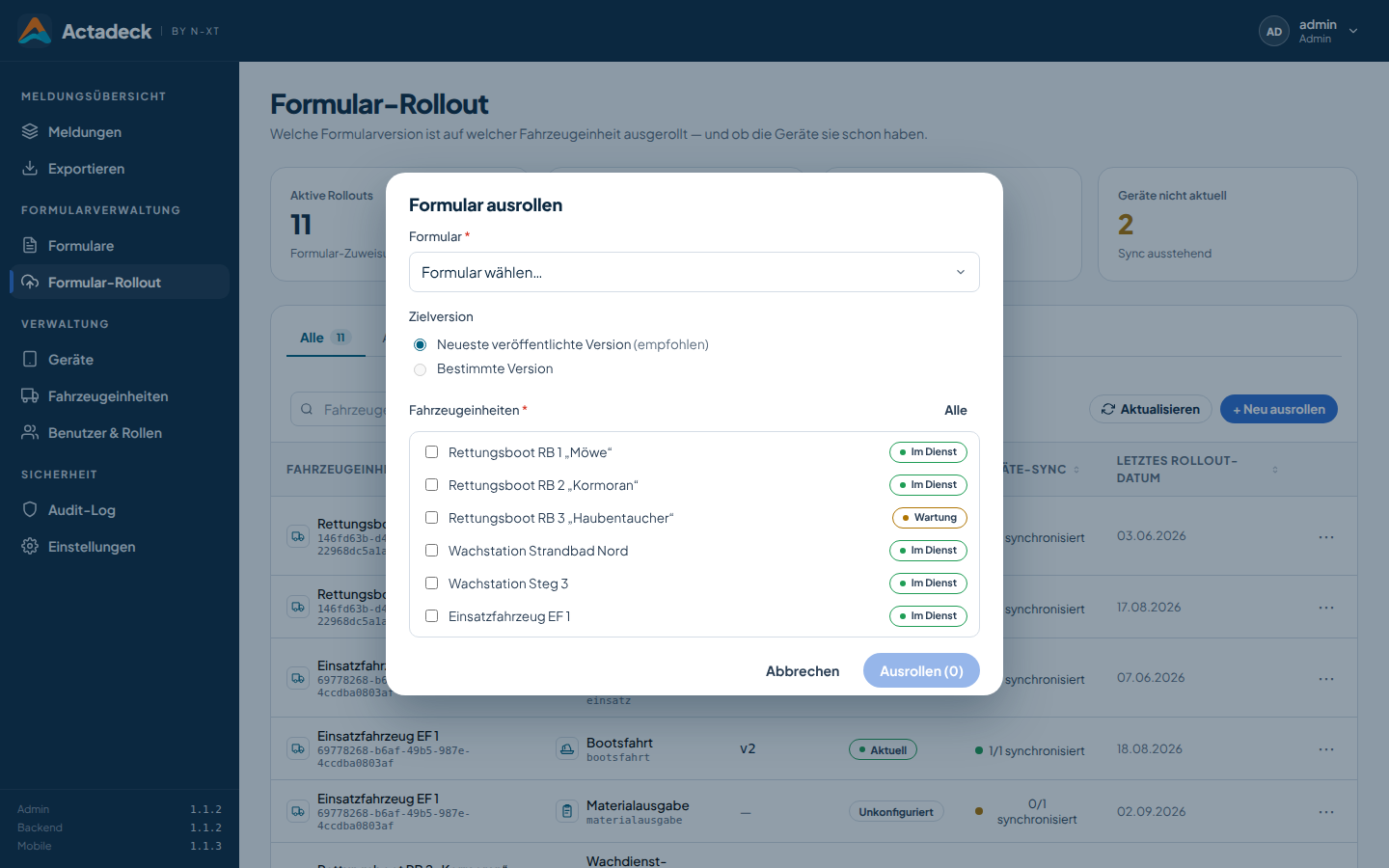 Actadeck Admin-Oberfläche: Formular ausrollen