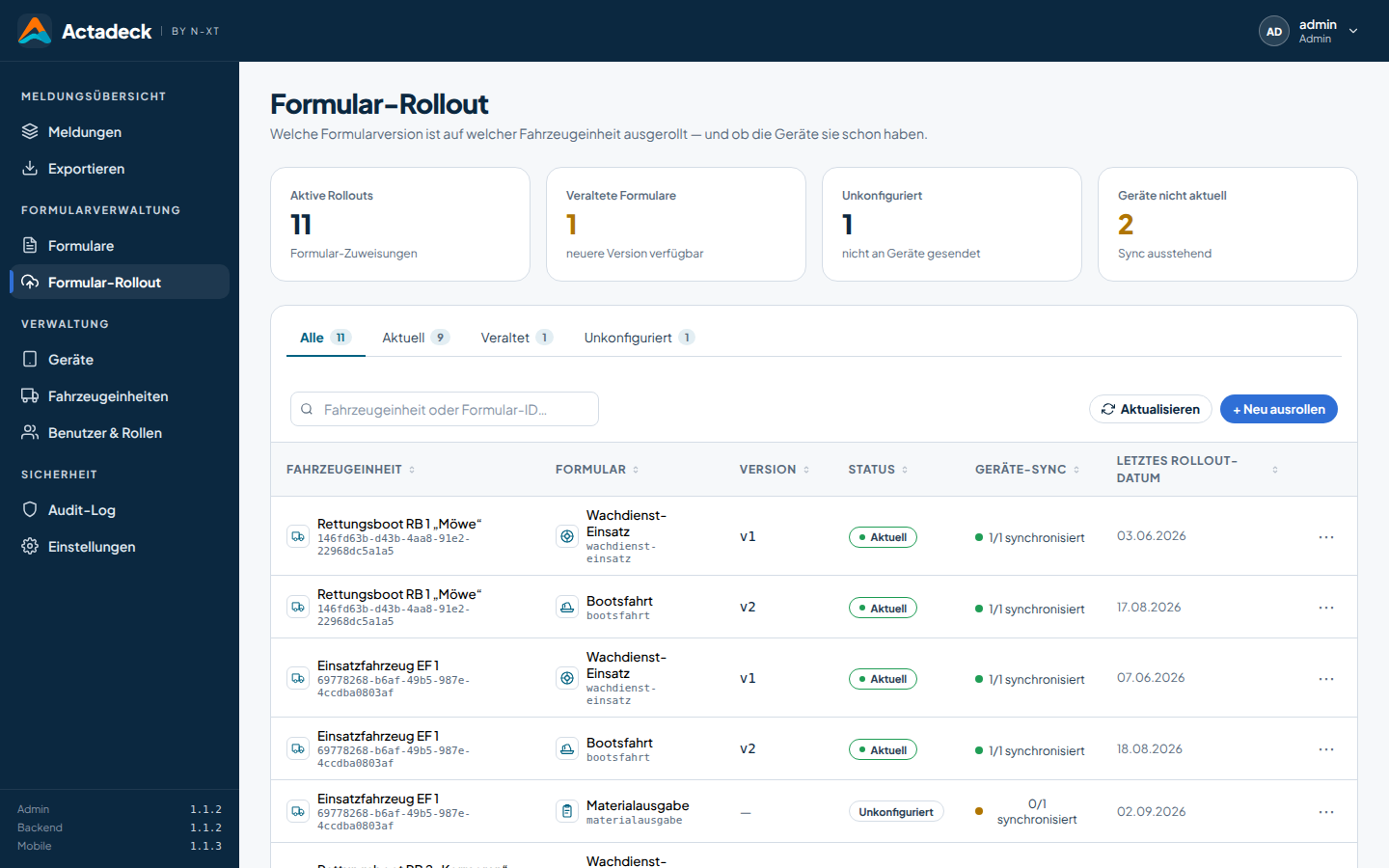 Actadeck Admin-Oberfläche: Formular-Rollout