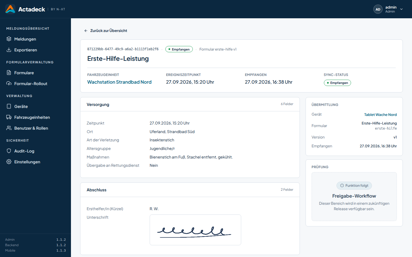 Actadeck Portal: Meldung im Detail