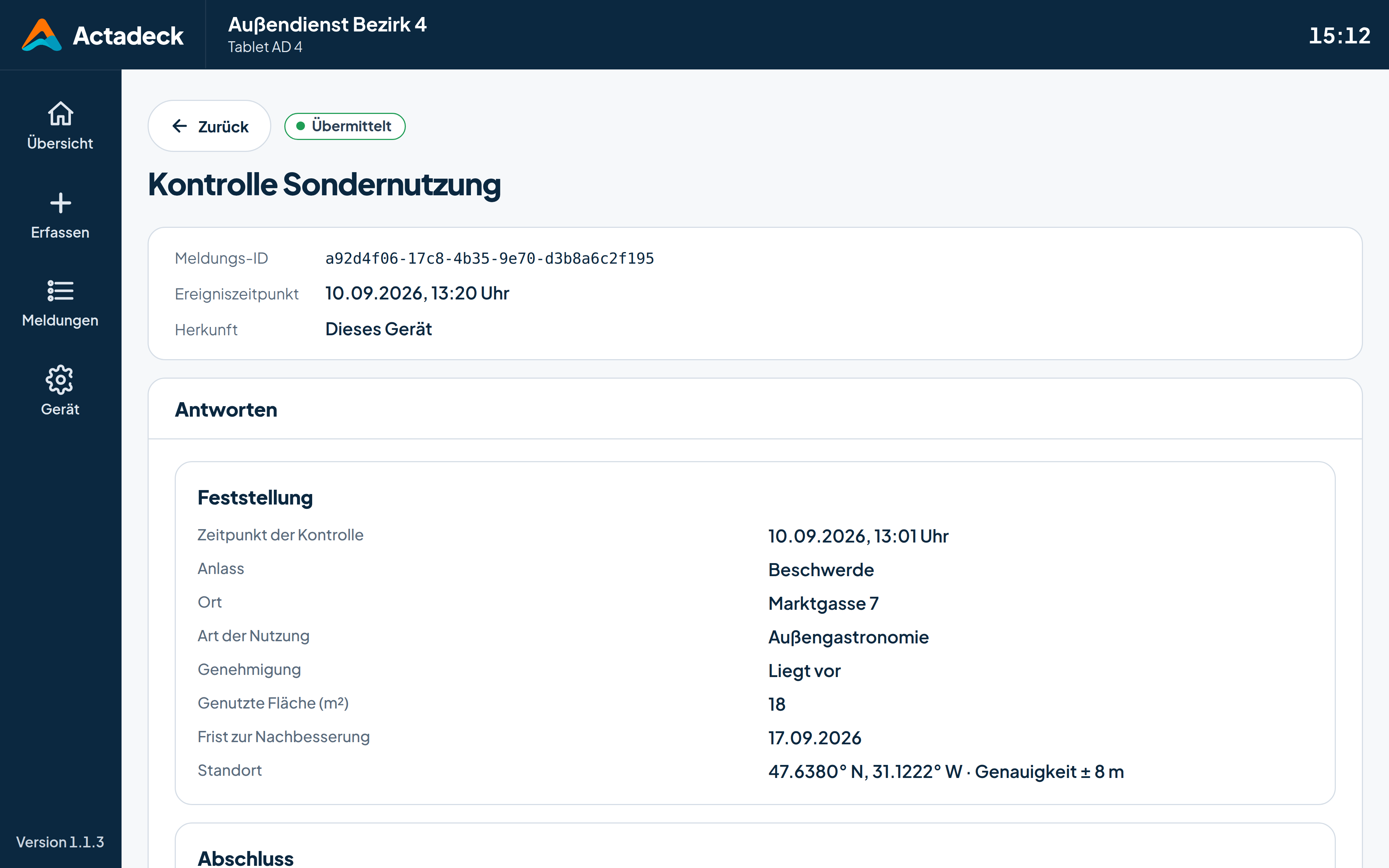 Außendienst · Meldung im Detail