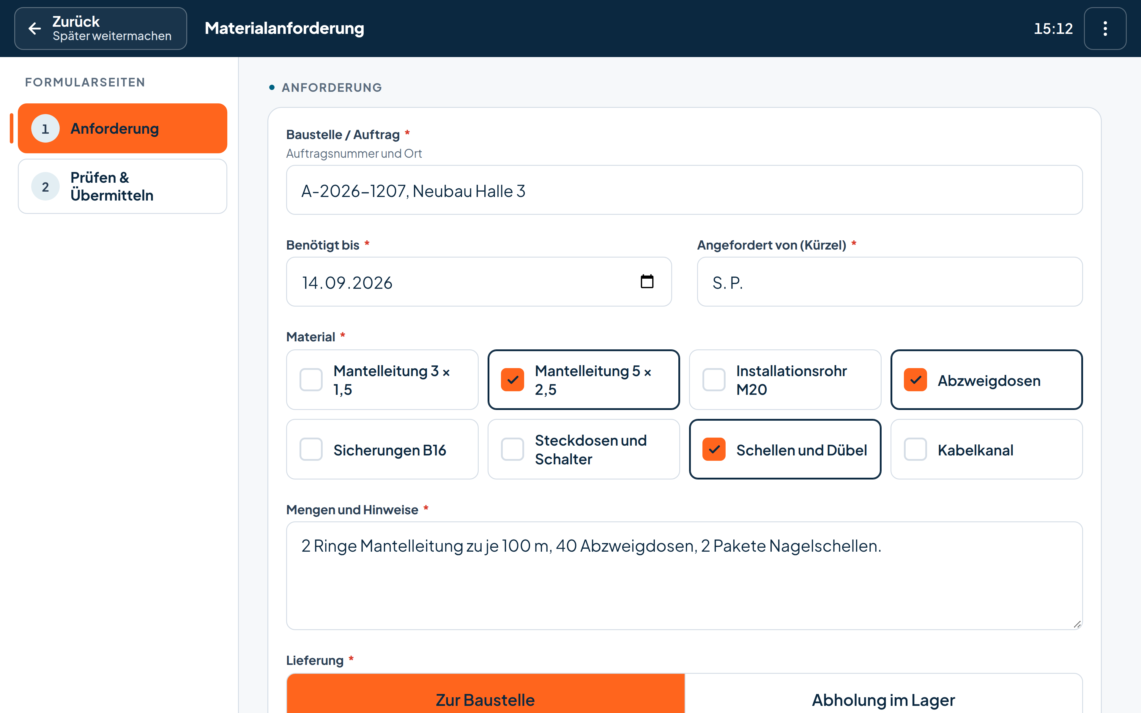 Handwerk · Materialanforderung